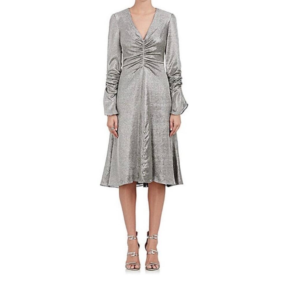 Prabal Gurung Metallic Silver Ruched Long Sleeve Cocktail Dress